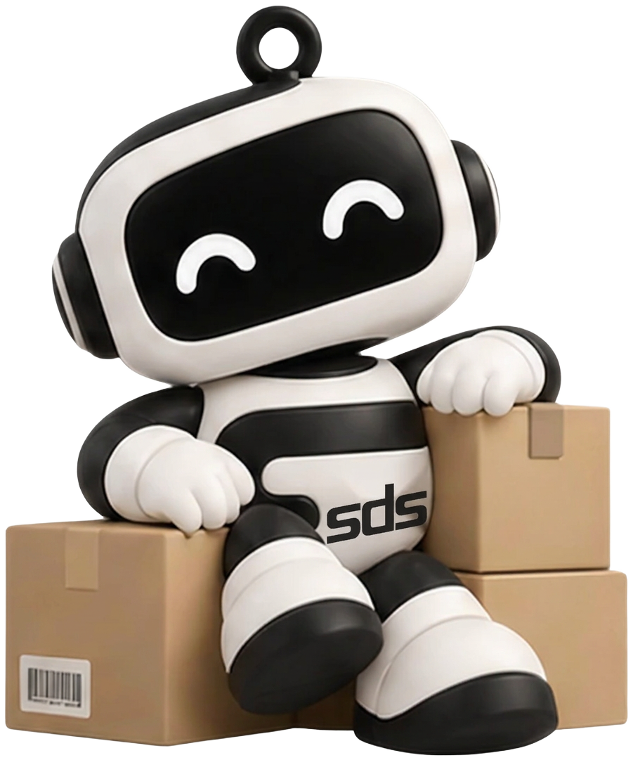 SDS mascot sitting on cardboard parcels