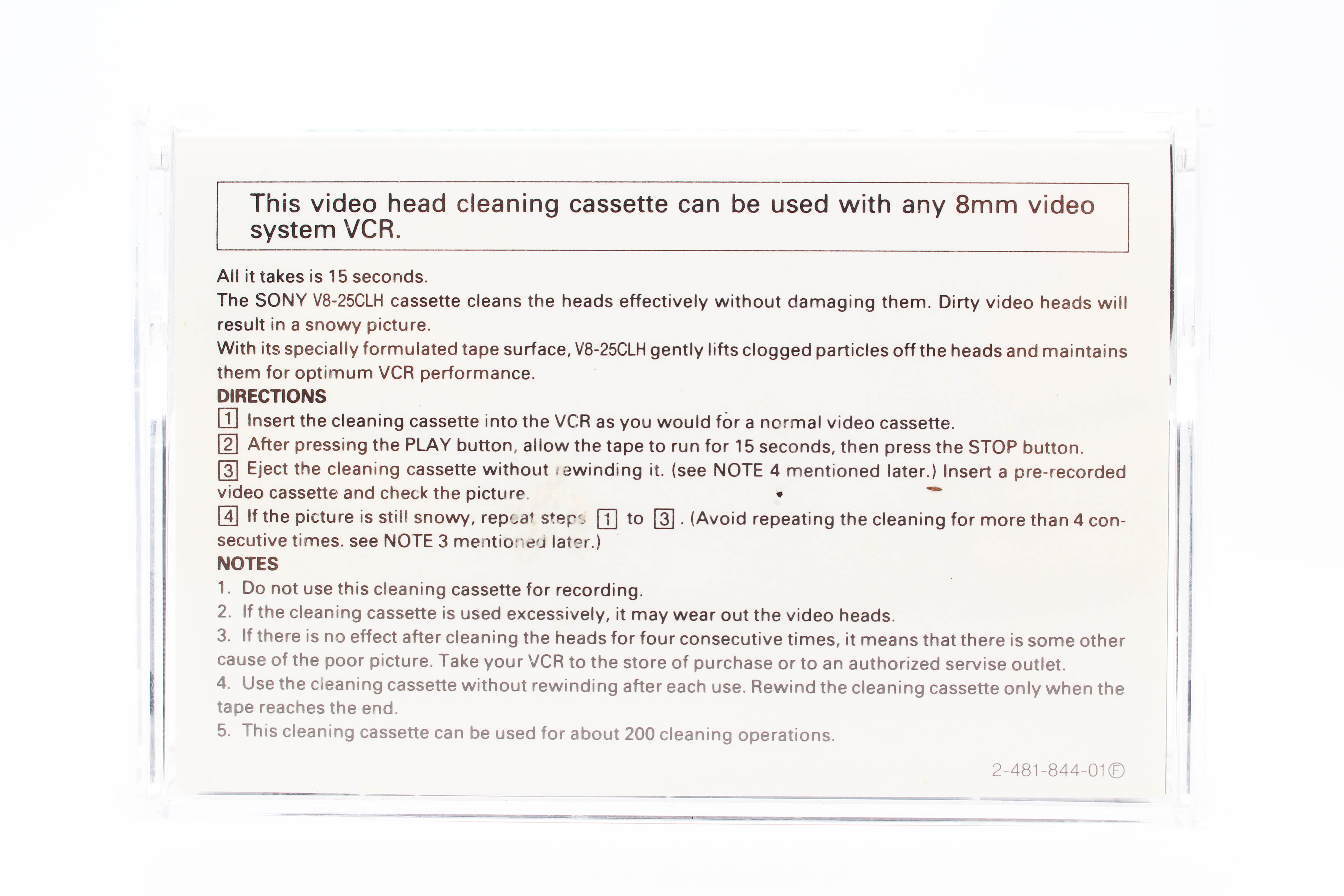 Sony V8-25CLH Digital8 Hi8 Video8 8mm Cleaning Cassette Head Cleaner Tape - Tested Excellent